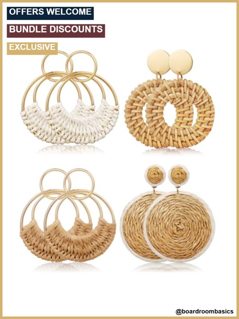 Handmade Raffia Rattan Bohemian Round Drop Dangle Earrings Set for Women